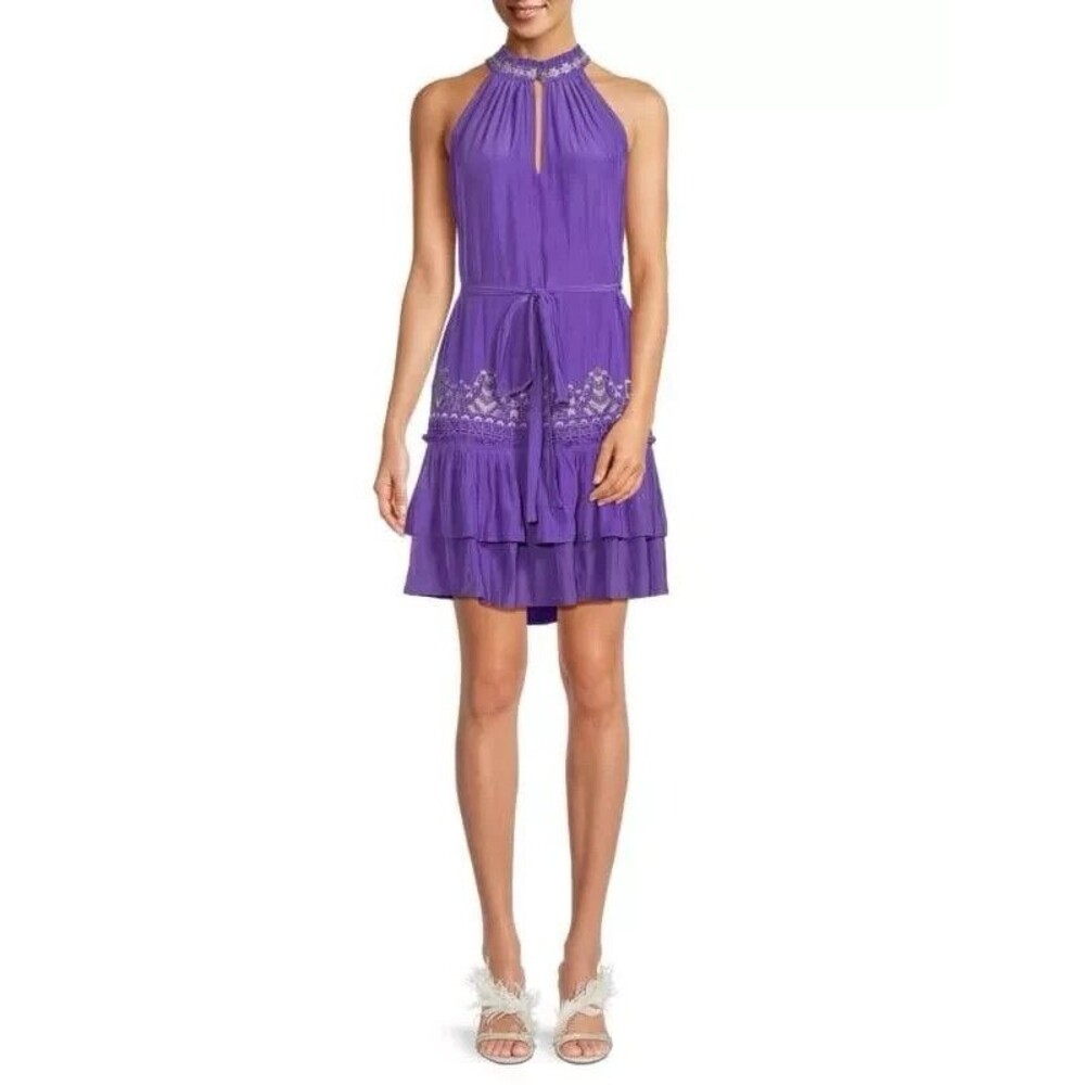 Ramy Brook Angeline Embroidered Tiered Passion Purple Mini Dress Small New w/Tag